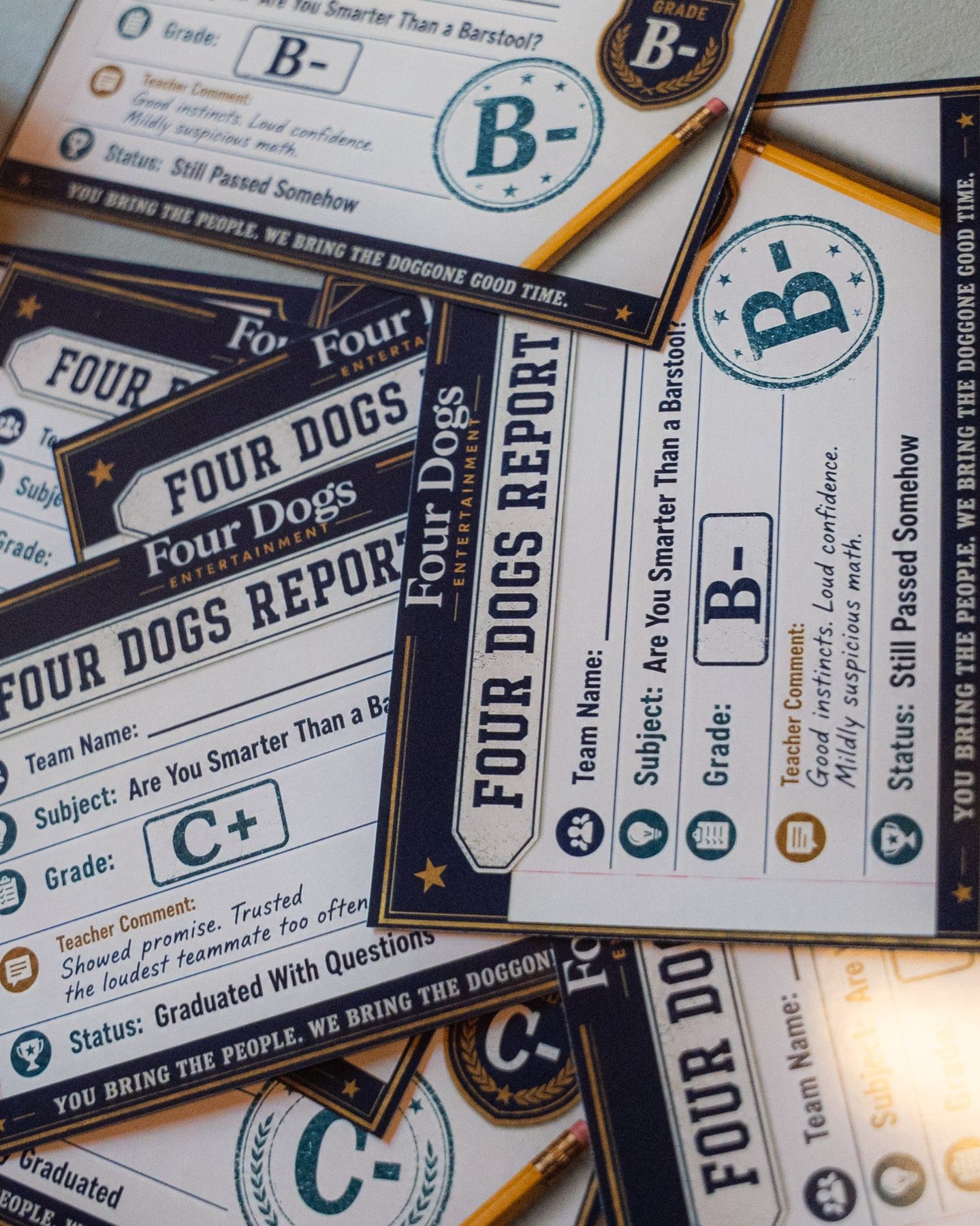 Four Dogs report cards and props for Are You Smarter Than a Barstool