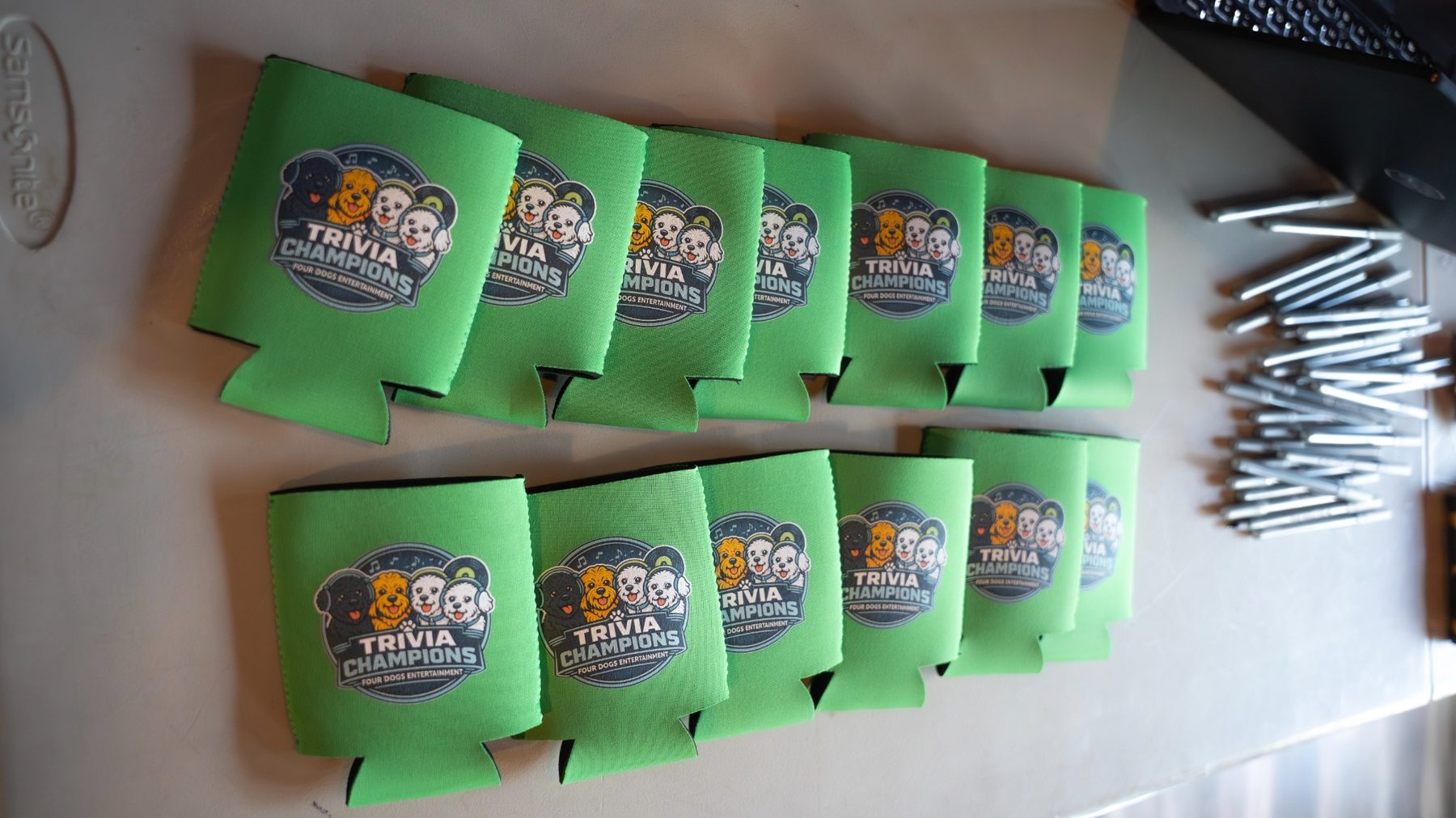 Trivia champion koozies ready for prize winners